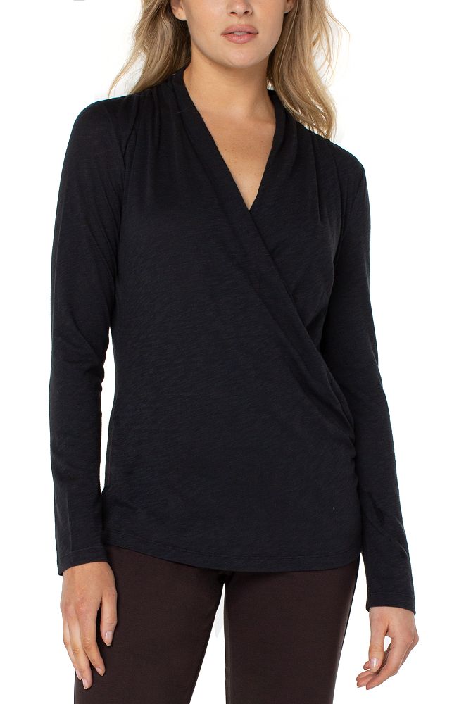 Long Sleeve Wrap Front Slub Knit Top