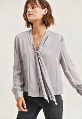 RESET BY JANE Front Neck Tie Button Down Long Sleeve Blouse - Elements Berkeley